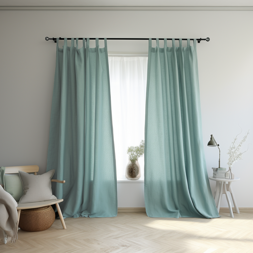 Blue Linen Plain Tabs Curtain Panel - Custom Width, Custom Length