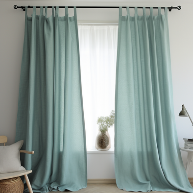 Blue Linen Plain Tabs Curtain Panel - Custom Width, Custom Length