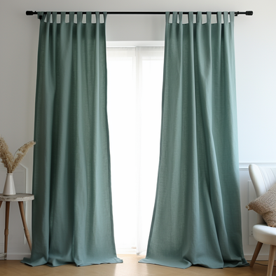 Blue Linen Plain Tabs Curtain Panel with Blackout Lining - Custom Width, Custom Length
