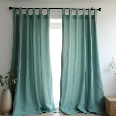 Blue Linen Plain Tabs Curtain with White Cotton Lining - Custom Sizes & Colours