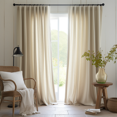 Cream S-fold Linen Curtain Panel - Suitable for Rings and Hooks or Track