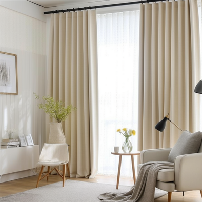 Cream S-fold Linen Curtain Panel with Blackout Lining - Heading for Rings and Hooks - Linen Darkening Curtain