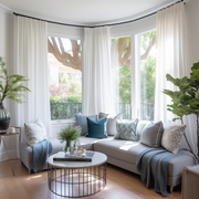 White Bay Window Euro Pleat Linen Curtain Panel - Heading for Rings and Hooks - Custom Width and Length