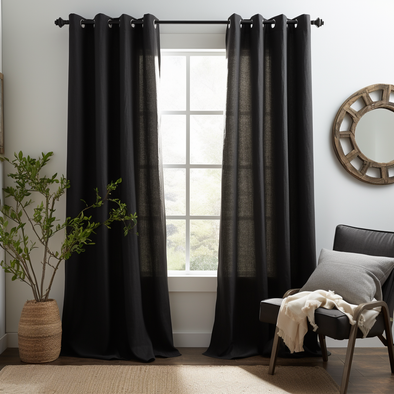 Eyelet Top Black Linen Curtain Panel - Eyelet Window Treatments - Natural 100% Linen Drapery