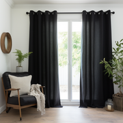 Eyelet Top Black Linen Curtain Panel with Cotton Lining - Linen Window Treatments - Eyelet Top Drapes