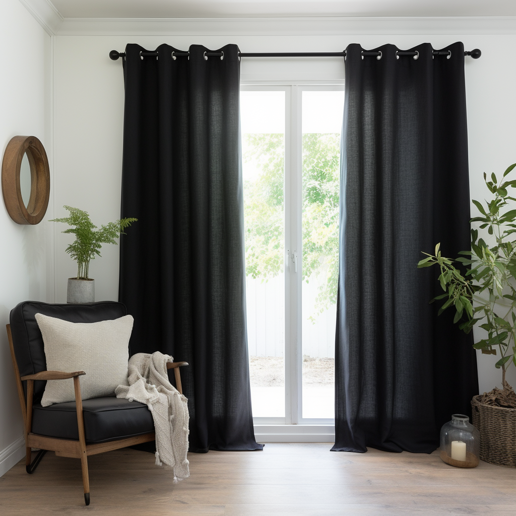Eyelet Top Black Linen Curtain Panel with Cotton Lining - Linen Window Treatments - Eyelet Top Drapes