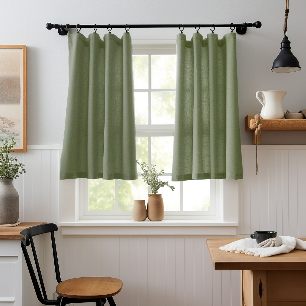 Green Linen Kitchen Cafe Curtains - Heading for Rings and Hooks - Custom Sizes & Colours - Set of 2 Curtains