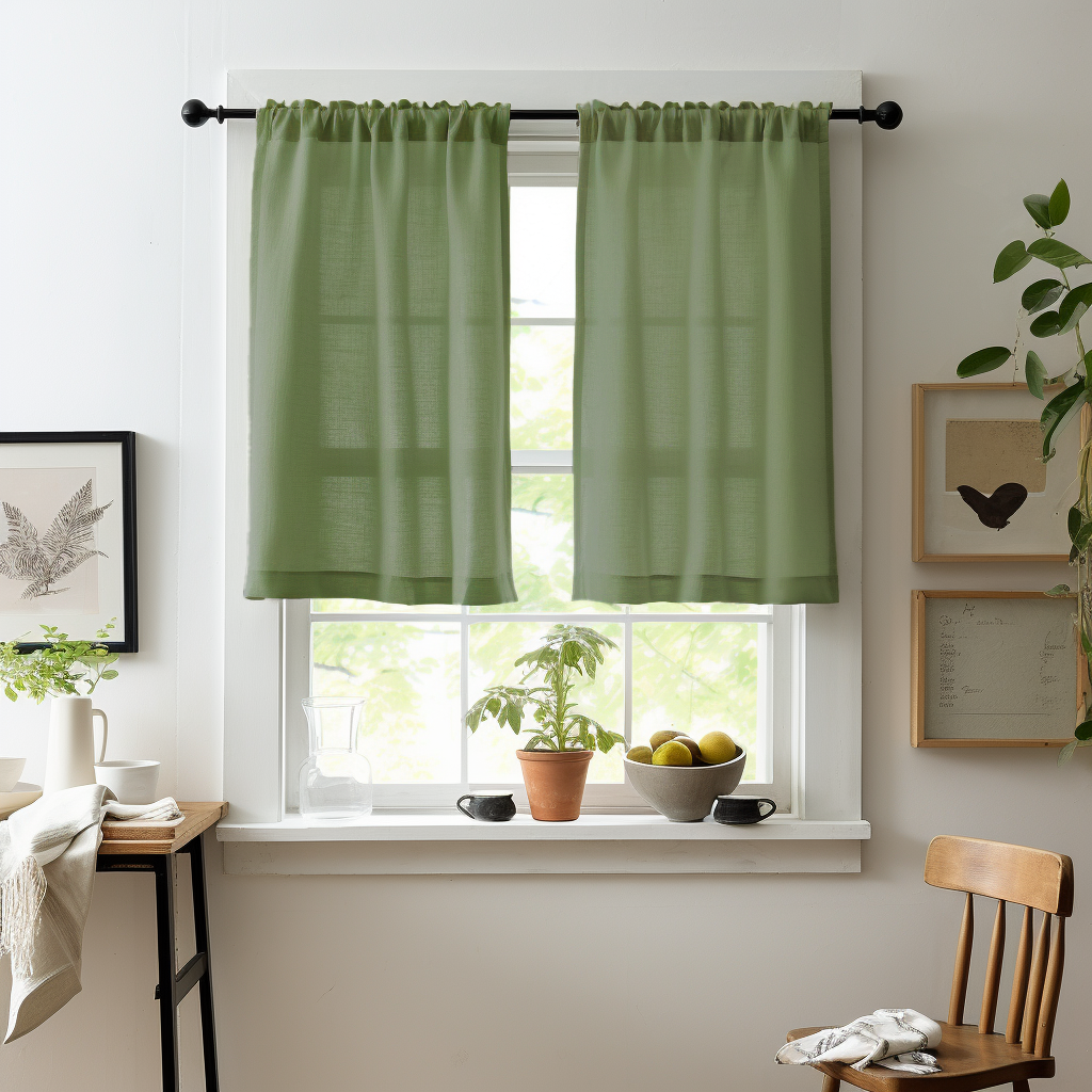 Green Linen Kitchen Cafe Curtains With Rod Pocket - Custom Sizes & Colours - Set of 2 Curtains, Colour: Asparagus