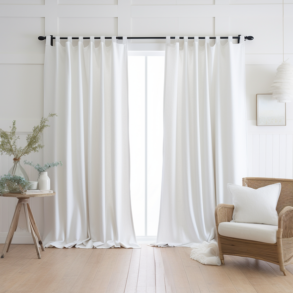 Linen Plain Tabs Curtain Panel with Blackout Lining - 124, 138 or 250 cm Width, Custom Drop - Natural Linen Oatmeal/White/Grey Colours