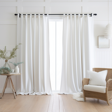 Linen Plain Tabs Curtain Panel with White Blackout Lining - Custom Width, Custom Length