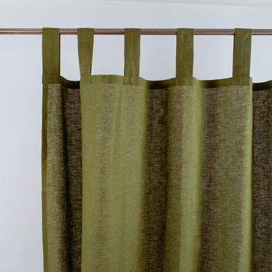 Hanging Loops Moss Green Linen Curtain