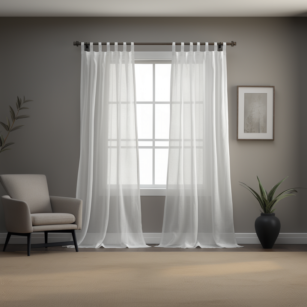 White Linen Sheer Curtain With Plain Tabs - Unlined Sheer Curtain Panel