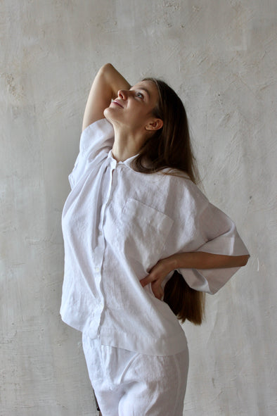 On Sale  Softened Linen Women's Loungewear - Pyjama Three Quarter Sleeve Shirt Only - Natural Colour