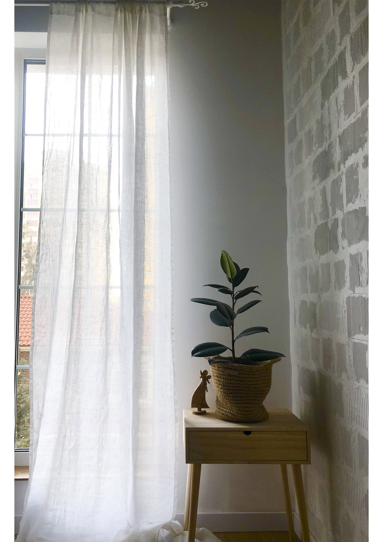 Linen Sheer White Curtain - Pole Pocket Window Drapery - Bespoke Sizes Available - Beige and White Colours