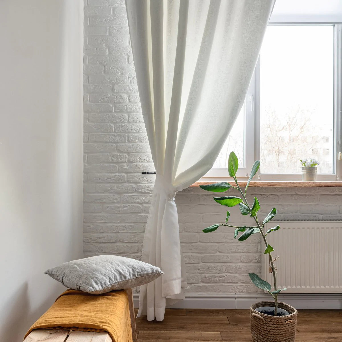 On Sale Single Extra Wide Linen Plain Tabs Curtain Panel with Blackout Lining - Partial Darkening - 235x222 cm - in Off-white Colour