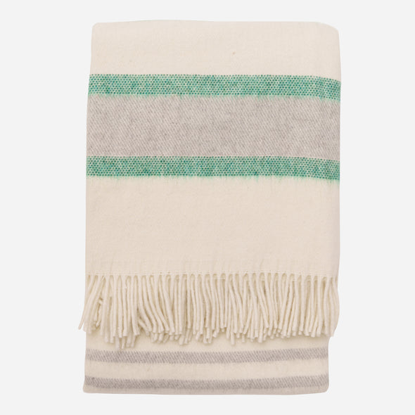 Cream Wool Blanket with Forest Green and Gray Stripes - 100% Pure Soft Wool Blanket