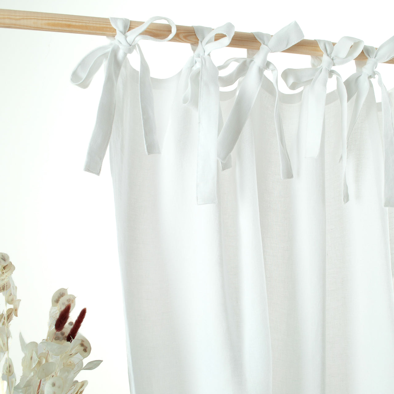 White Natural Linen Curtain Panel with Ties - 124, 138 or 250 cm Width, Custom Drop