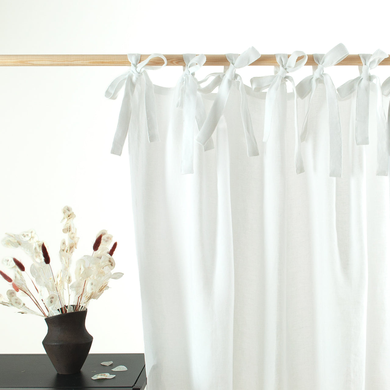 White Natural Linen Curtain Panel with Ties - 124, 138 or 250 cm Width, Custom Drop