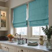Aquamarine Blue Linen Kitchen Roman Blinds in a Classic Kitchen with Cream Cabinetry - Blackout Lining