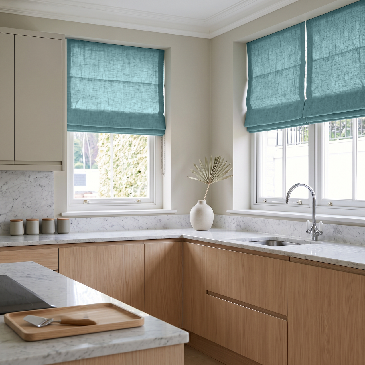 Aquamarine Blue Linen Roman Blinds in a Bright Modern Kitchen with Light Wood Cabinetry