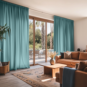 Aquamarine Blue Linen Pencil Pleat Extra Wide Curtains for Sliding Door in a Sunlit Living Room with Wood-Framed Glass Doors, Terracotta Sofa, and Natural Wood Accents - Cotton Lining
@Heading: Pencil Pleat
