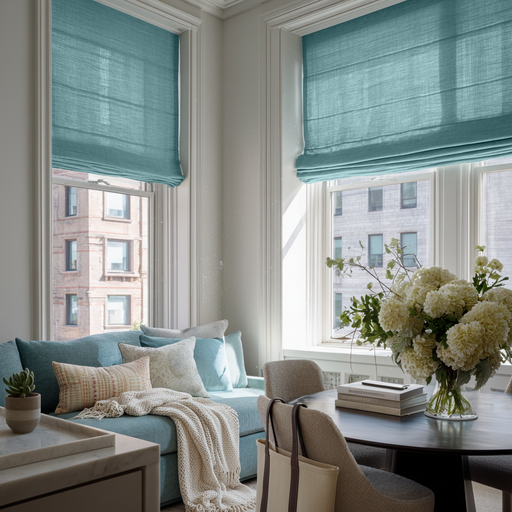Aquamarine Linen Roman Blinds