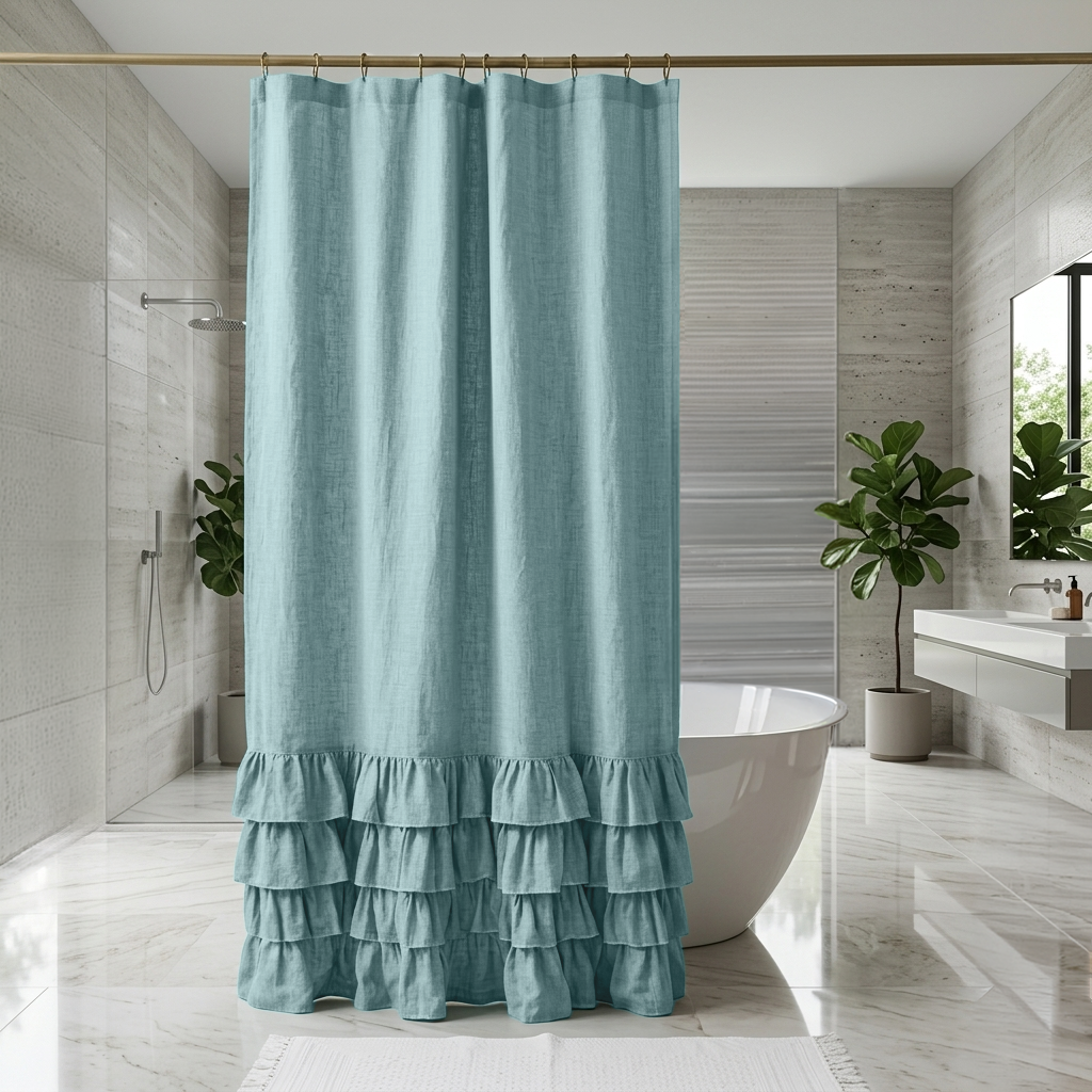 Aquamarine Blue Linen Ruffle Shower Curtain in a Bright Modern Bathroom with Light Stone Walls