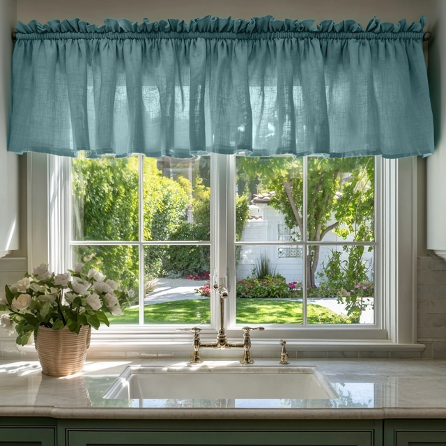 Country Style Aquamarine Blue Linen Valance – Light Blue Rustic ...