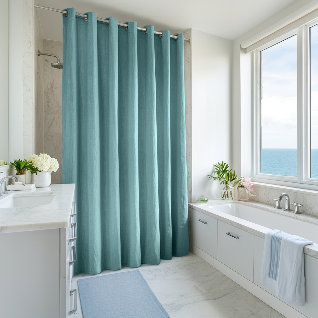 Aquamarine Hookless Linen Shower Curtain