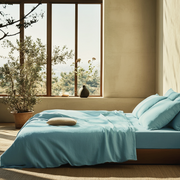 Aquamarine Light Blue Washed Linen Deep Pocket Fitted Sheet Set
