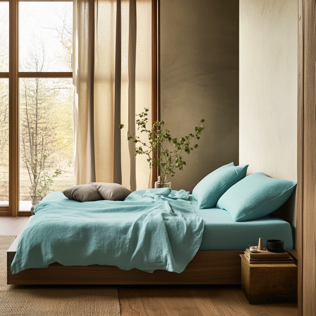 Aquamarine Light Blue Washed Linen Deep Pocket Fitted Sheet Set