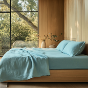 Aquamarine Light Blue Washed Linen Deep Pocket Fitted Sheet Set