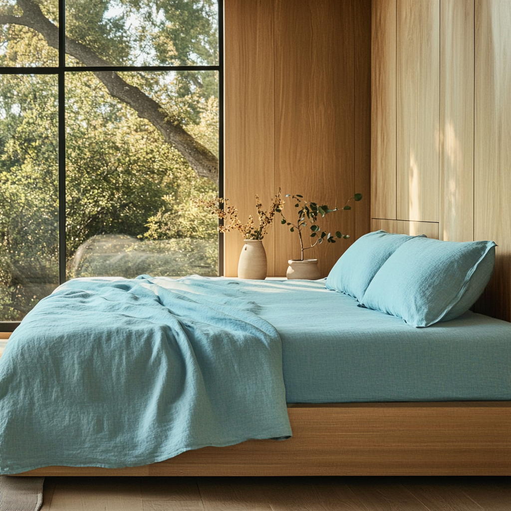 Aquamarine Light Blue Washed Linen Deep Pocket Fitted Sheet Set