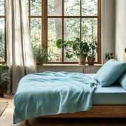 Aquamarine Light Blue Washed Linen Deep Pocket Fitted Sheet Set
