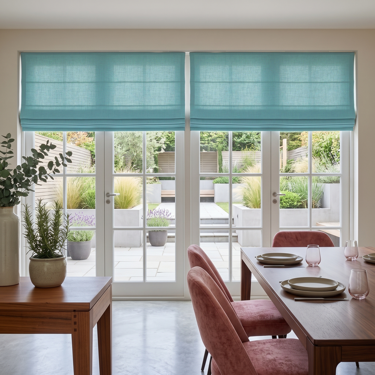 Aquamarine Roman Blinds in a Modern Dining Room with Beige Walls, a Wooden Dining Table and Pink Velvet Chairs.