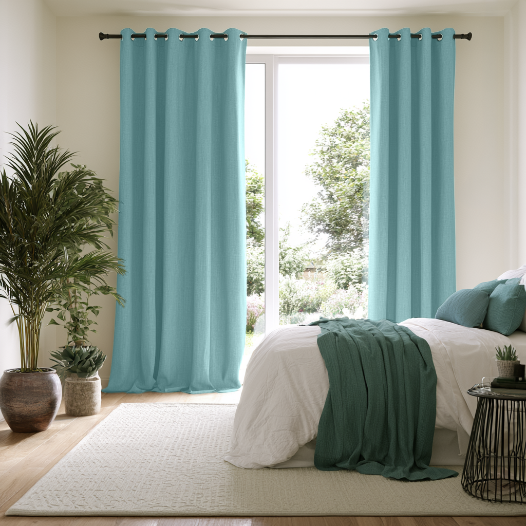 Aquamarine Linen Eyelets Extra Long Curtains in a Modern Bedroom with White Bedding and Garden View