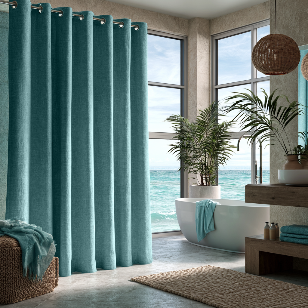 Aquamarine Linen Hookless Weighted Shower Curtain in a Modern Beach-Themed Bathroom with an Ocean View