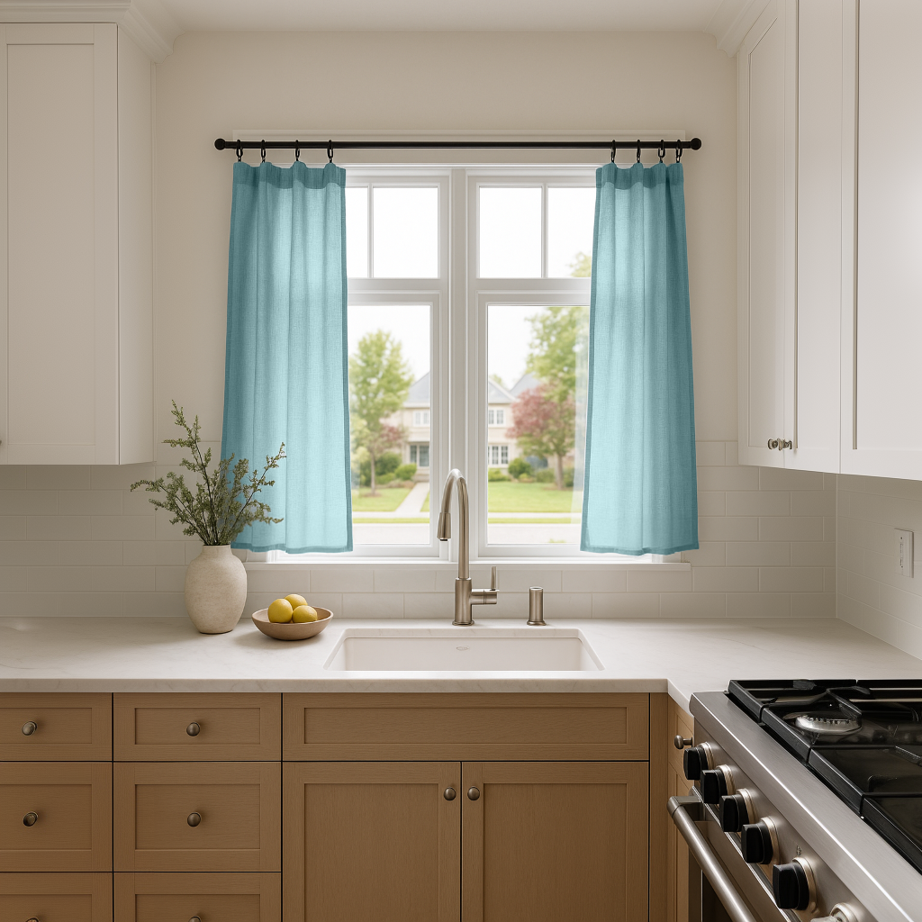 Aquamarine Linen Kitchen Cafe Curtains With Rings