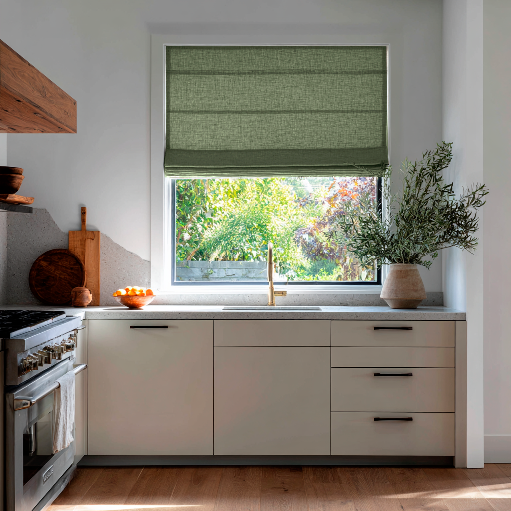 Asparagus Green Linen Roman Blinds in a Minimal Kitchen with White Cabinetry - Blackout Lining