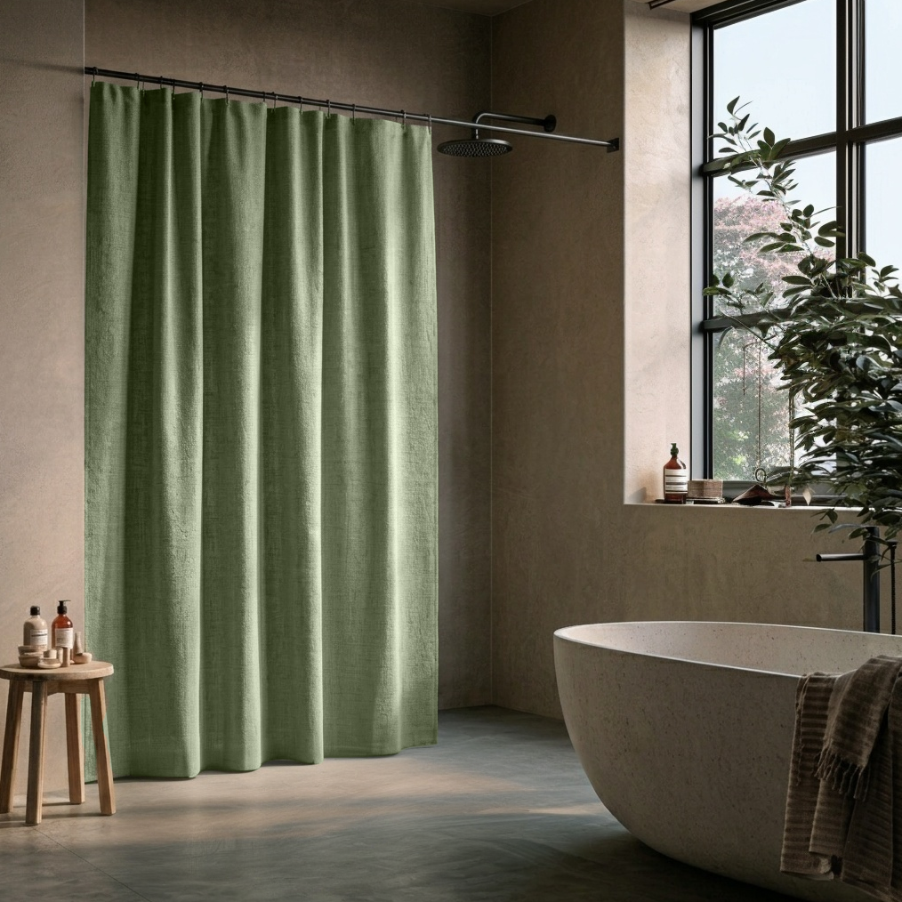 Asparagus Green Linen Button-Hole Top Shower Curtain in a Modern Bathroom