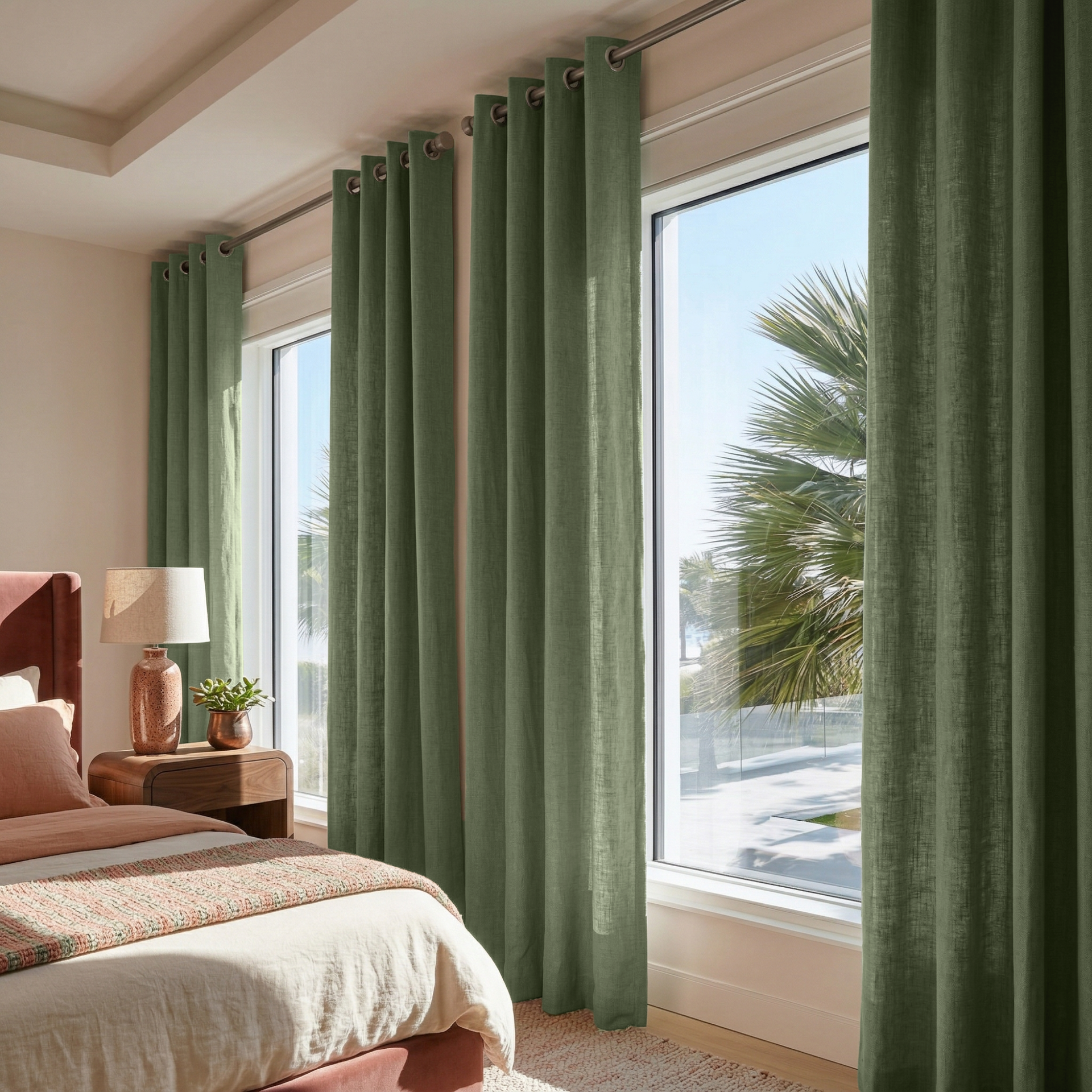 Asparagus Green Linen Eyelet Bedroom Curtains in a Sunlit Bedroom with Warm Ivory Bedding and Dusty Rose Accents - Cotton Lining