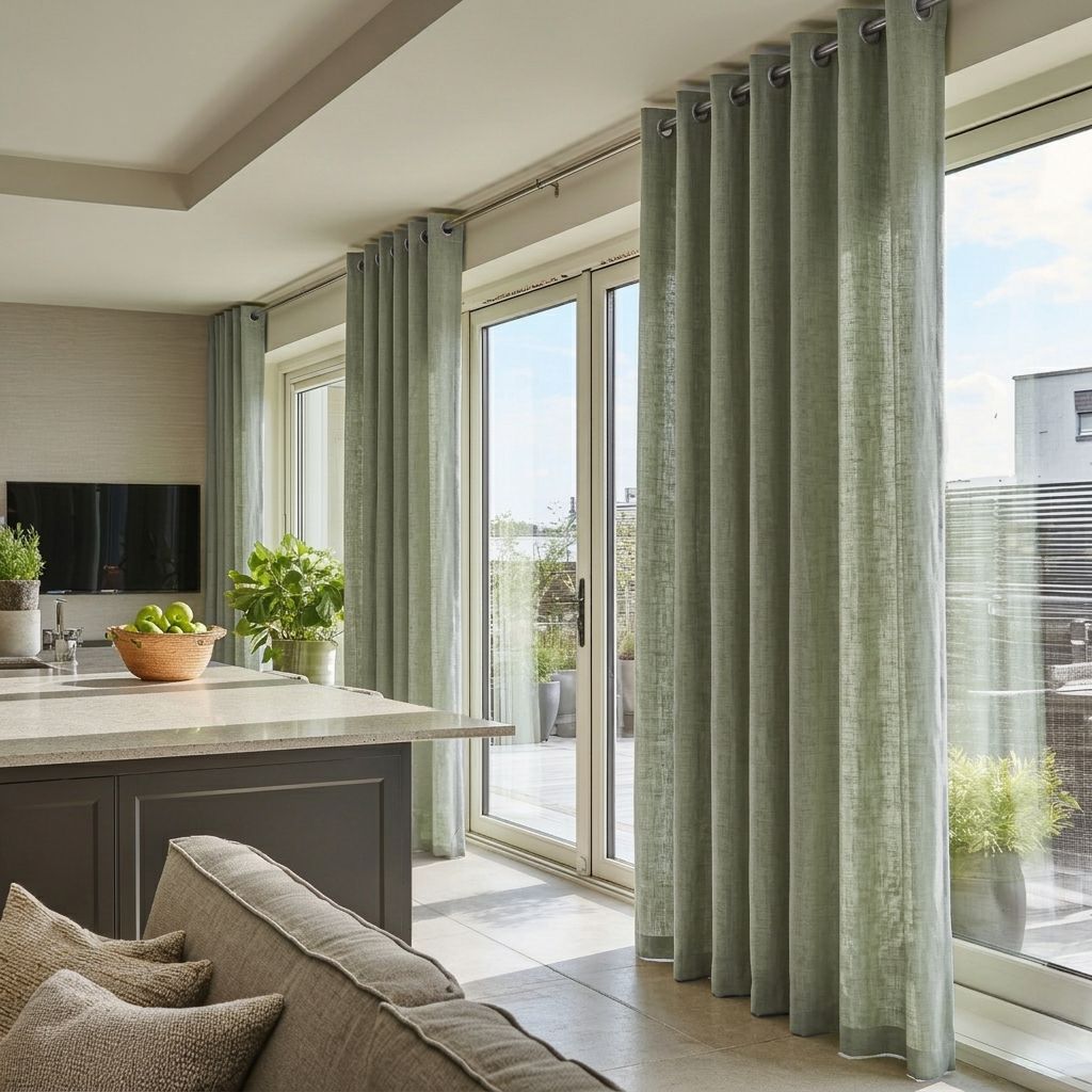 Asparagus Green Linen Eyelet Curtains for Sliding Door in a Bright Living Room with Beige Walls, Soft Neutral Seating, and Indoor Greenery
@Heading: Eyelets
