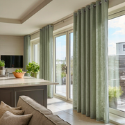 Asparagus Green Linen Eyelet Curtains for Sliding Door in a Bright Living Room with Beige Walls, Soft Neutral Seating, and Indoor Greenery
@Heading: Eyelets
