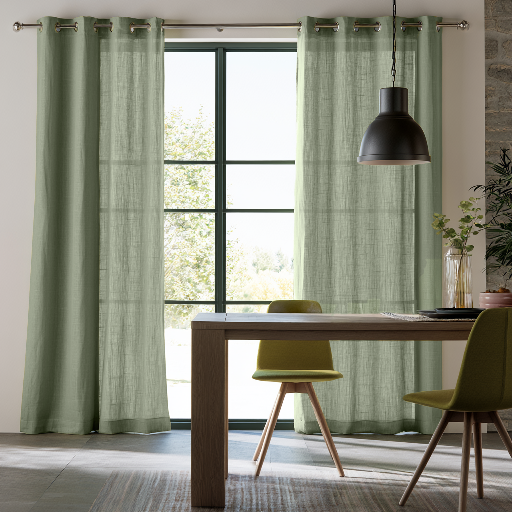 Light Asparagus Green Eyelets Curtains Hanging on a Metal Rod in a Bright Dining Room