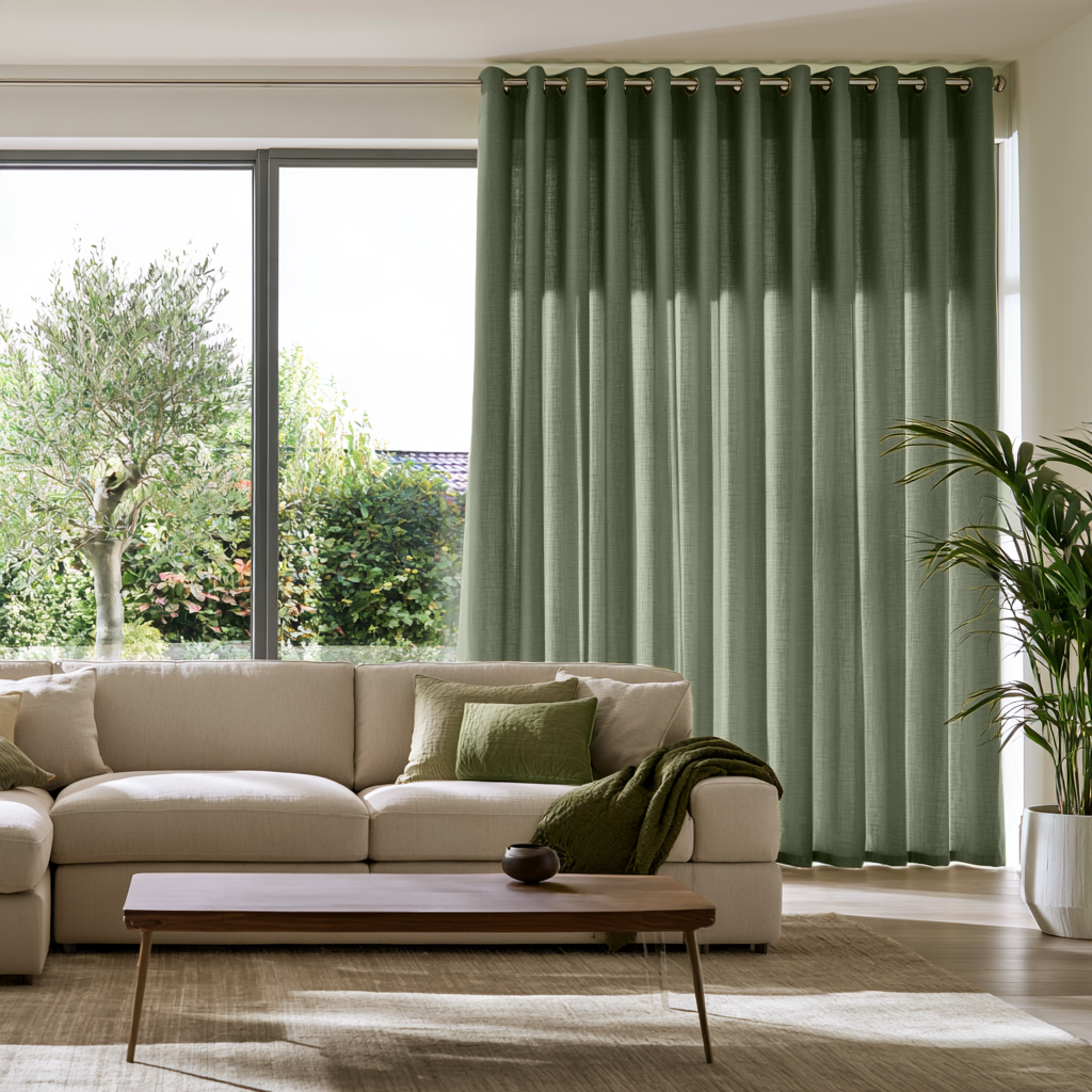 Asparagus Green Linen Eyelets Extra Long Curtains in a Contemporary Living Room with Large Sliding Window and Indoor Plants