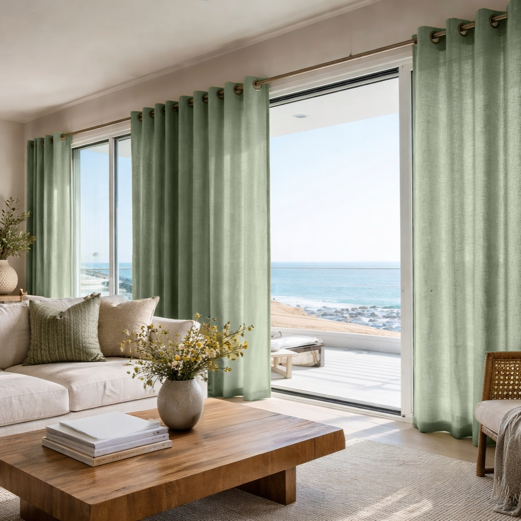 Asparagus Green Linen Eyelet Curtain