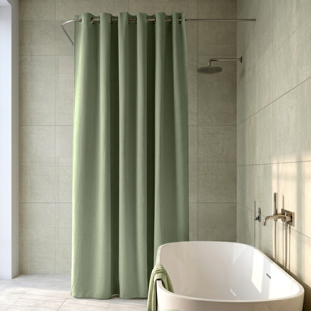 Asparagus Green Linen Hookless Shower Curtain in a Modern Bathroom