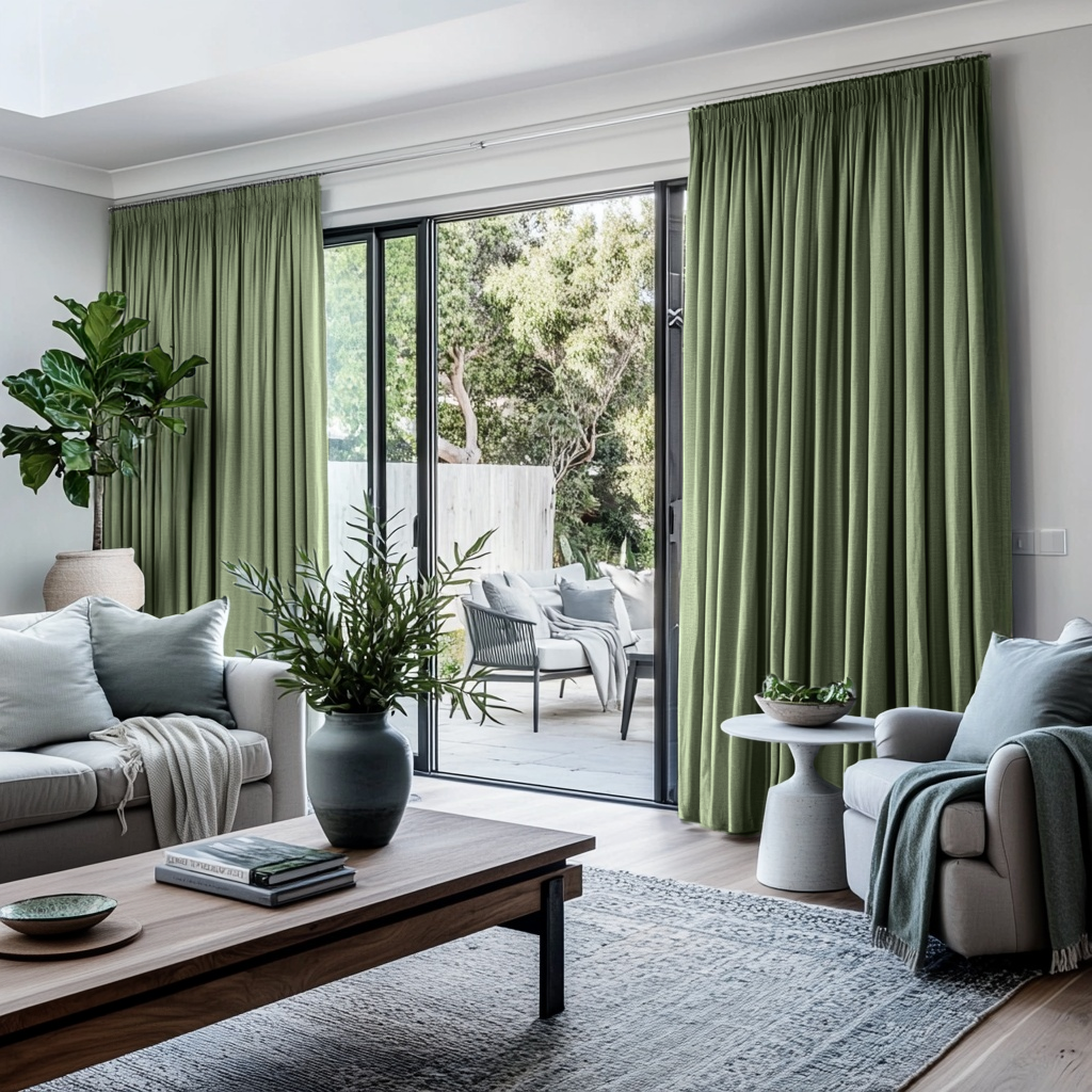 Asparagus Green Linen Pencil Pleat Curtains for Sliding Door in a Modern Living Room with Black Window Frames, Neutral Sofas, and Green Plants - Blackout Lining
@Heading: Pencil Pleat
