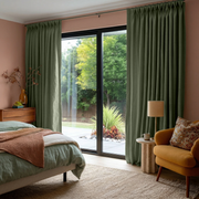 Asparagus Green Linen Pinch Pleat Curtains for Sliding Door in a Warm Bedroom with Peach Walls, Mustard Armchair, and Natural Wood Accents - Blackout Lining
@Heading: Pinch Pleat