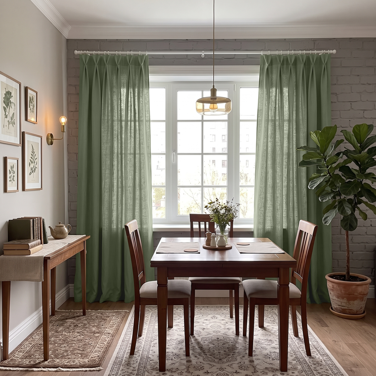 A Styled Dining Room Featuring Asparagus Green Curtain Panels Hanging On A White Rod Over A Multi-Pane Window